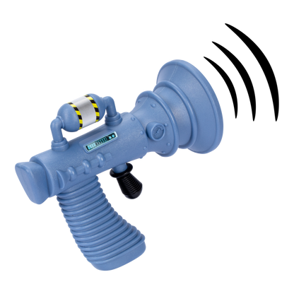 A blue Moose Despicable Me 4 Mini Fart Blaster toy with a ribbed handle, a warning-striped chamber, a digital screen, and black sound waves from its flared nozzle on a white background