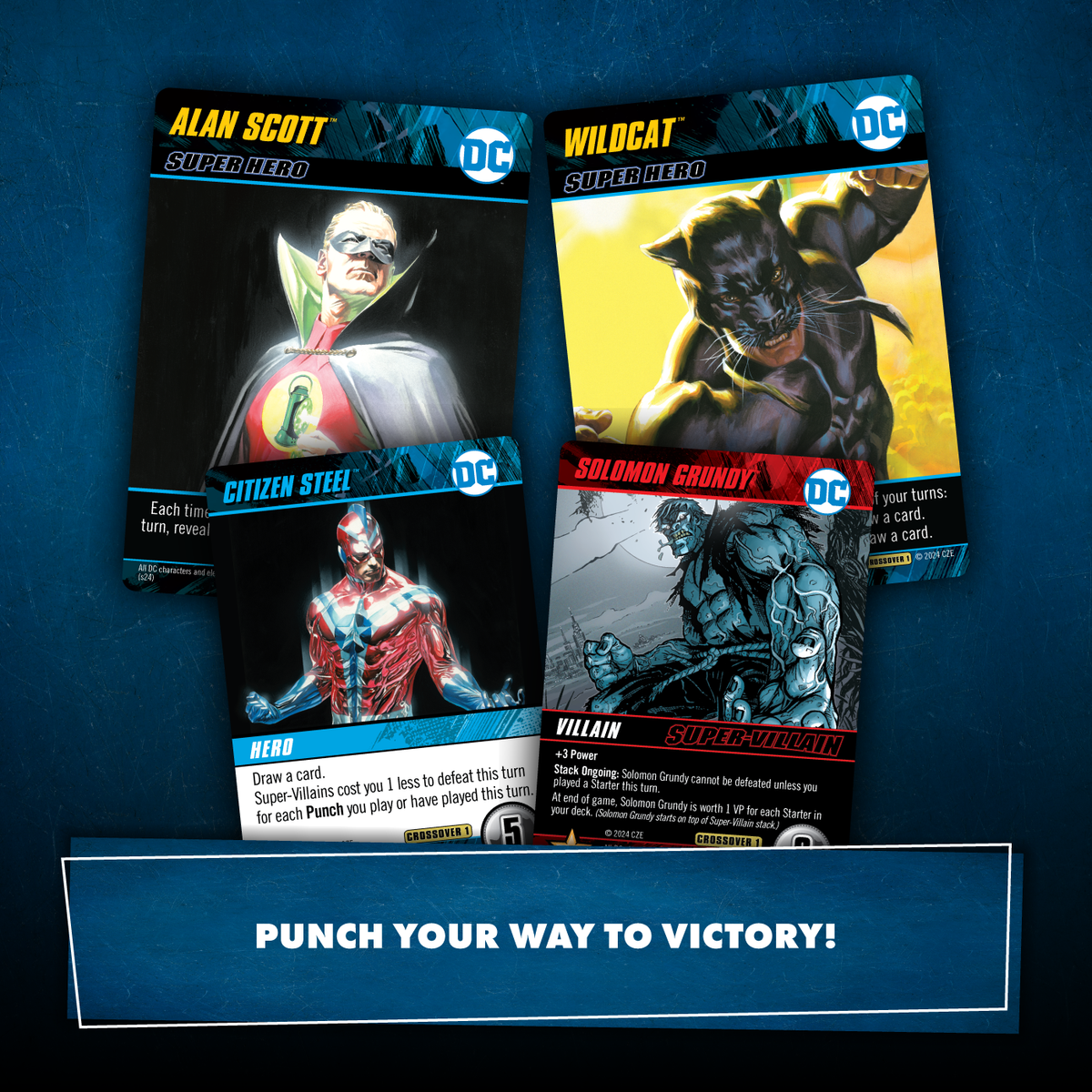 DC Comics card game featuring Alan Scott, Wildcat, Citizen Steel, and Solomon Grundy. Text: PUNCH YOUR WAY TO VICTORY!