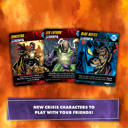 Three new DC Crisis game cards featuring Sinestro, Lex Luthor, and Blue Beetle, on a vibrant orange background