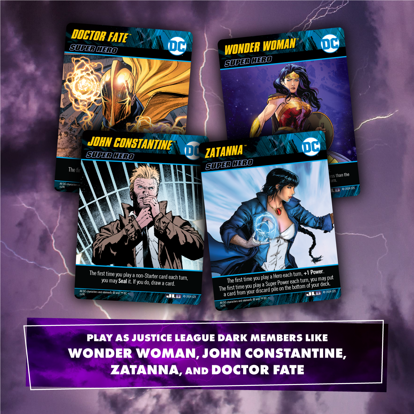 Four DC Justice League Dark game cards: Doctor Fate, Wonder Woman, John Constantine, and Zatanna