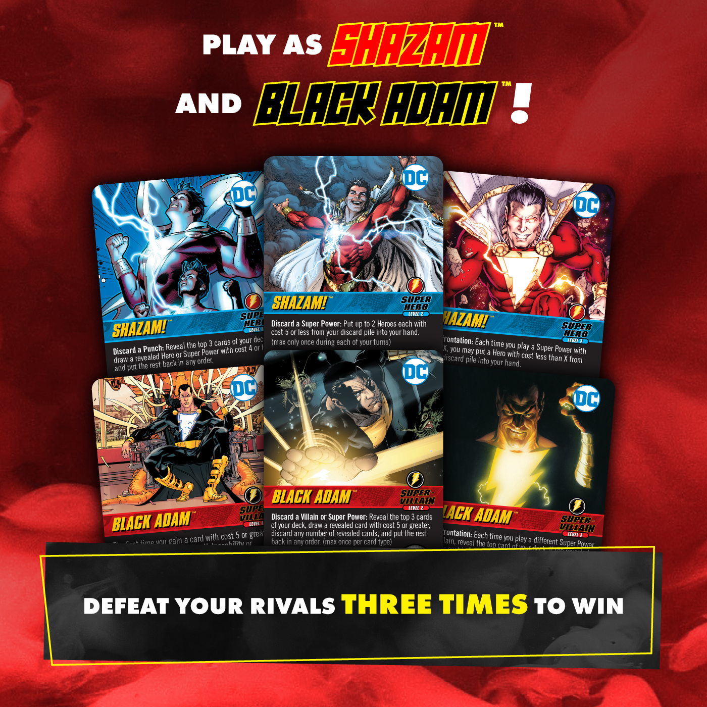 Six DC Shazam and Black Adam game cards displayed. Text highlights 'Play as Shazam & Black Adam' and 'Defeat rivals to win'