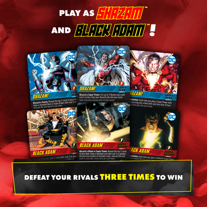 Six DC Shazam and Black Adam game cards displayed. Text highlights 'Play as Shazam & Black Adam' and 'Defeat rivals to win'