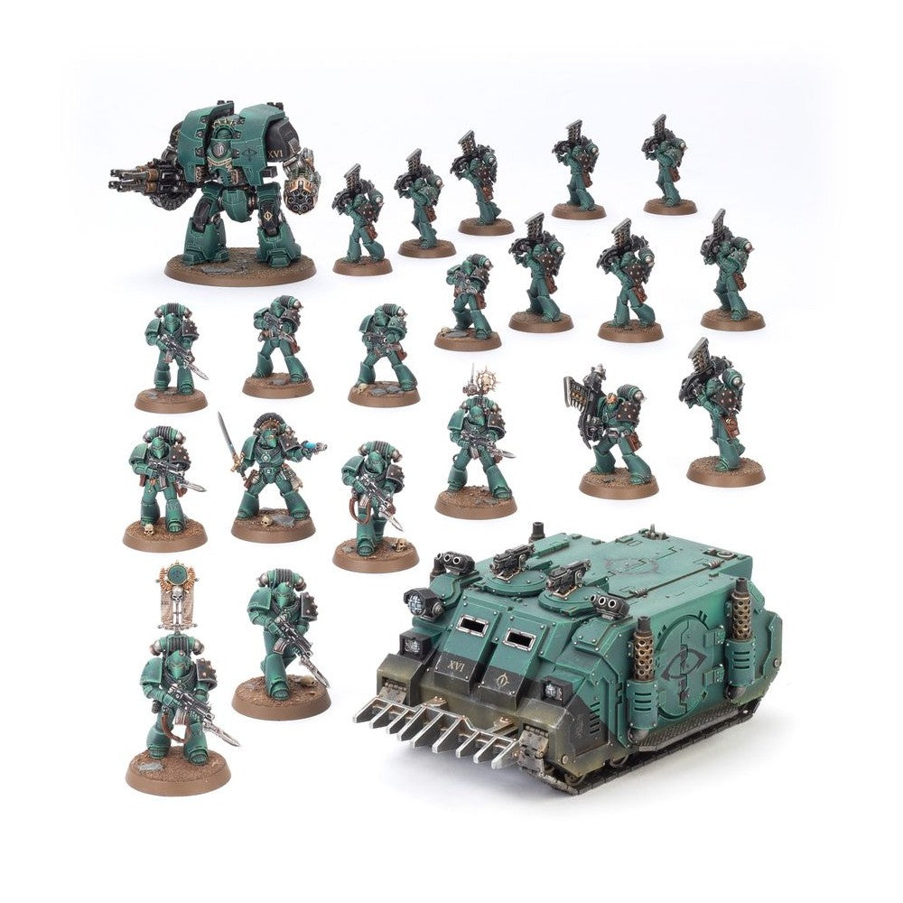 Dark green wargaming miniatures: a Dreadnought, an armored tank, and nineteen Space Marine soldiers