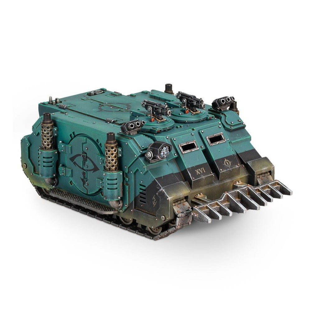 Teal sci-fi armored transport miniature featuring twin weapons, side exhaust pipes, and a spiked front ram