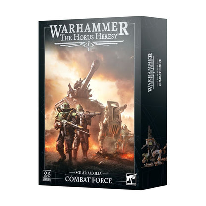 Warhammer: The Horus Heresy Solar Auxilia Combat Force box, Art features soldiers, a tank, and walkers