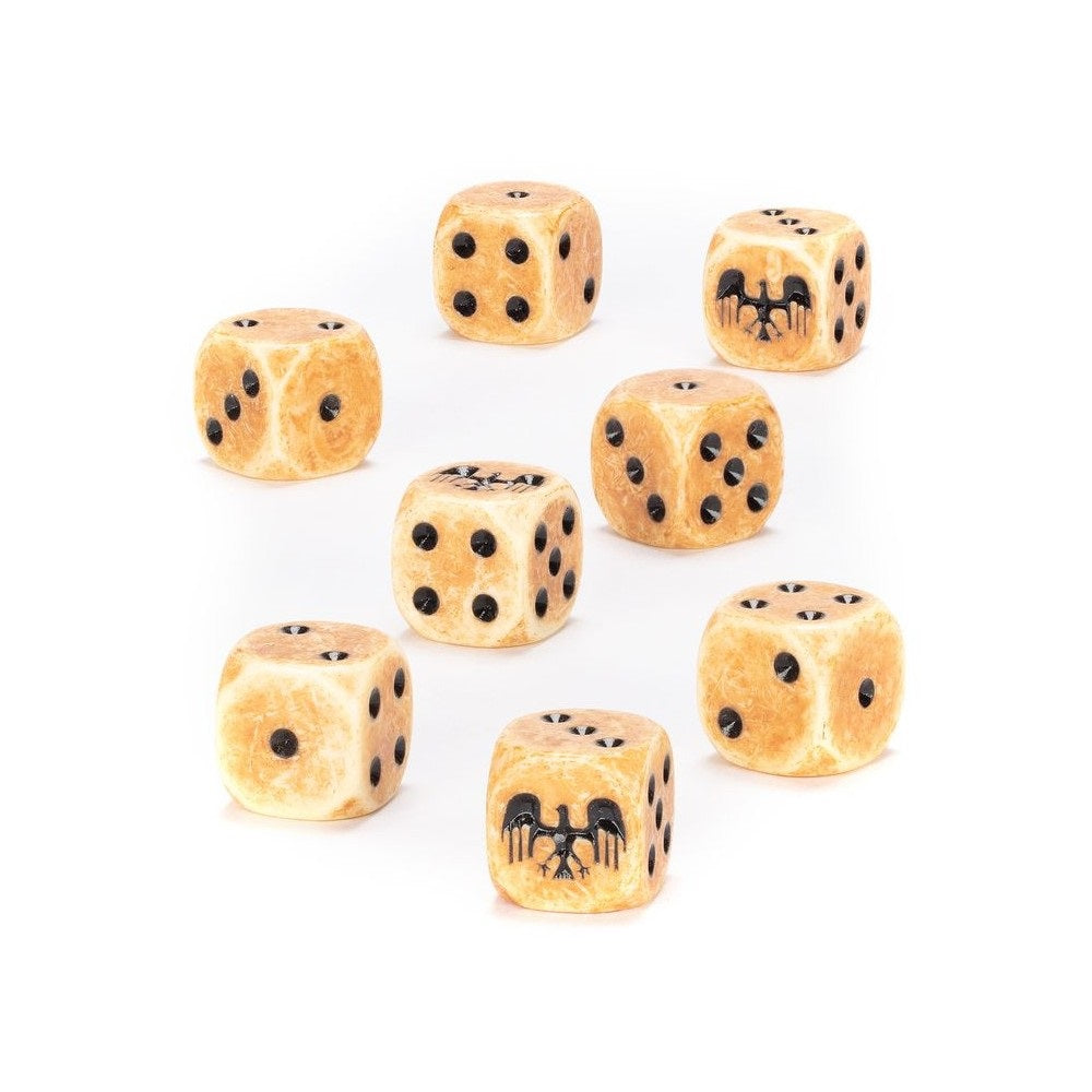 Seven aged, tan dice featuring black pips and an eagle motif