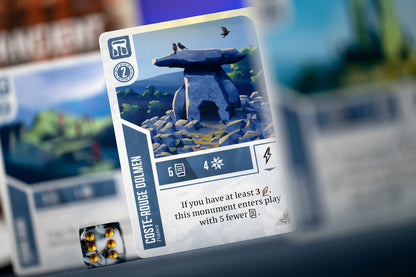 Coste-Rouge Dolmen card from the Ancient Knowledge heritage board game showing a stone monument with birds and game text about playing with fewer resources