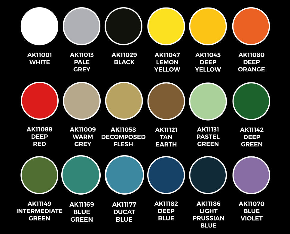 A grid of 18 circular color swatches, each with a product code and descriptive name, on a black background