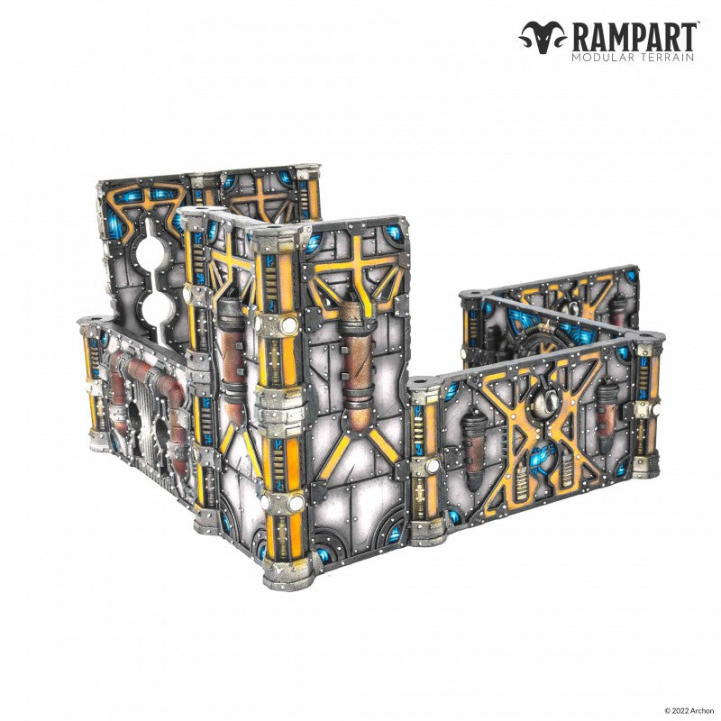Sci-fi modular wargaming terrain walls: industrial grey metal with yellow supports, pipes, and glowing blue details