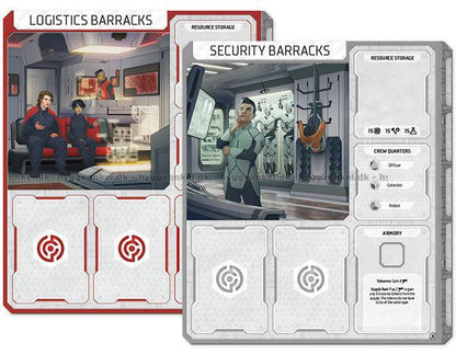 Two rectangular board game cards displaying spaceship interiors and character information