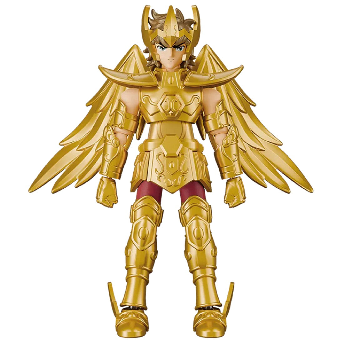 Detailed golden armored action figure with large wings, standing isolated on a white background