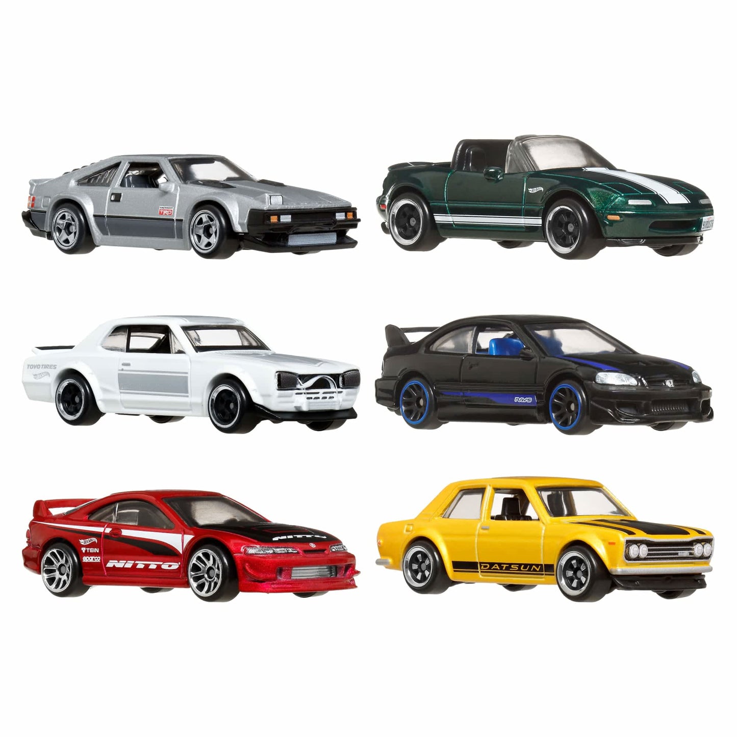 Six Hot Wheels Core Streets of Japan cars including silver, dark green, white, black, red, and yellow vehicles