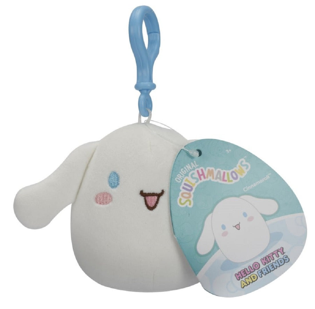 Cinnamoroll Squishmallows plush clip, white, winking, with a blue keychain hook and official tag