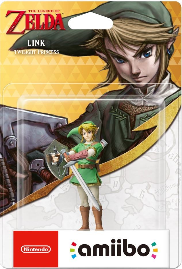 A packaged Link Amiibo figure from Twilight Princess, holding a sword and shield