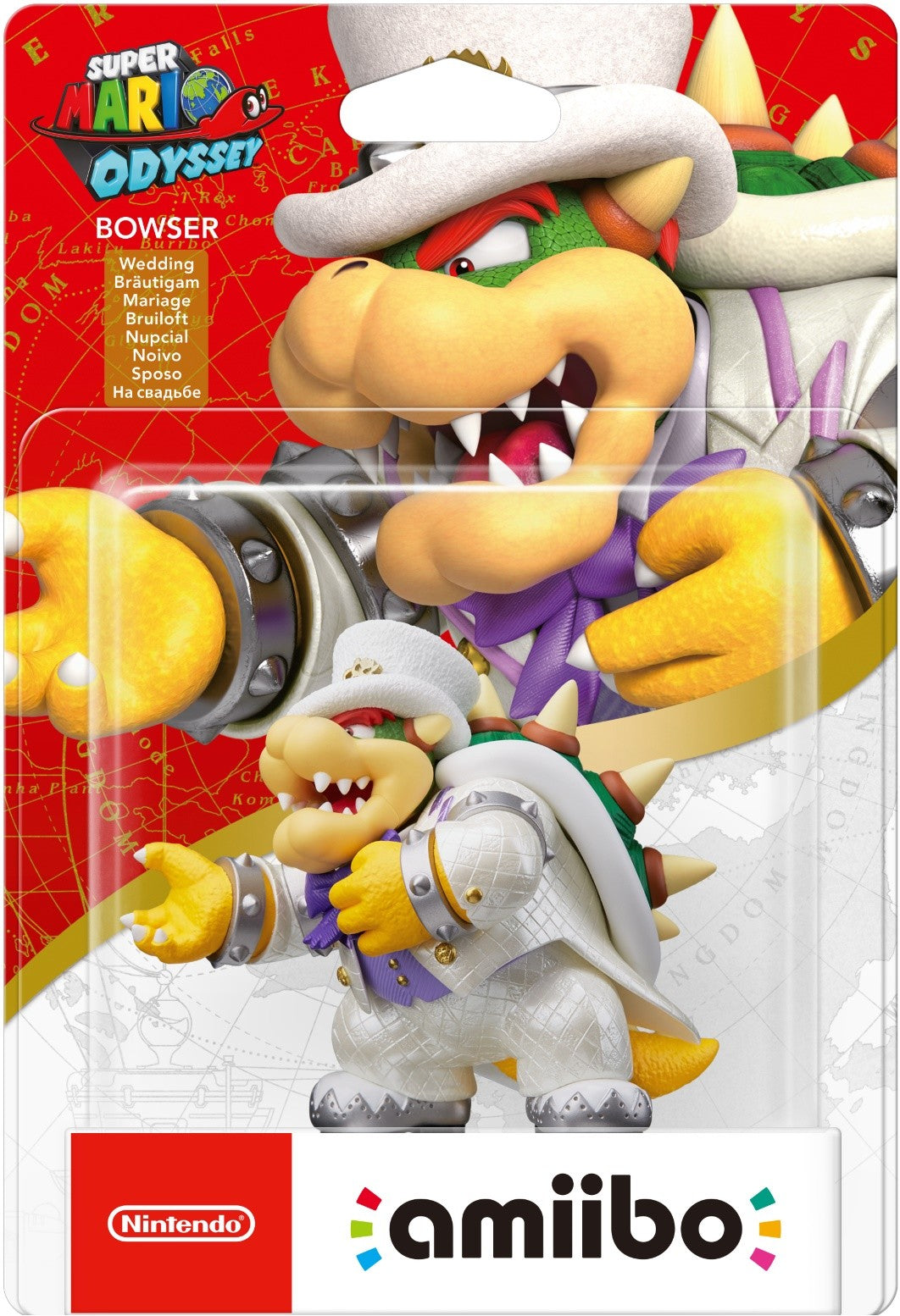 A Super Mario Odyssey Bowser amiibo figure, wearing a white wedding tuxedo and top hat, in its clear plastic packaging