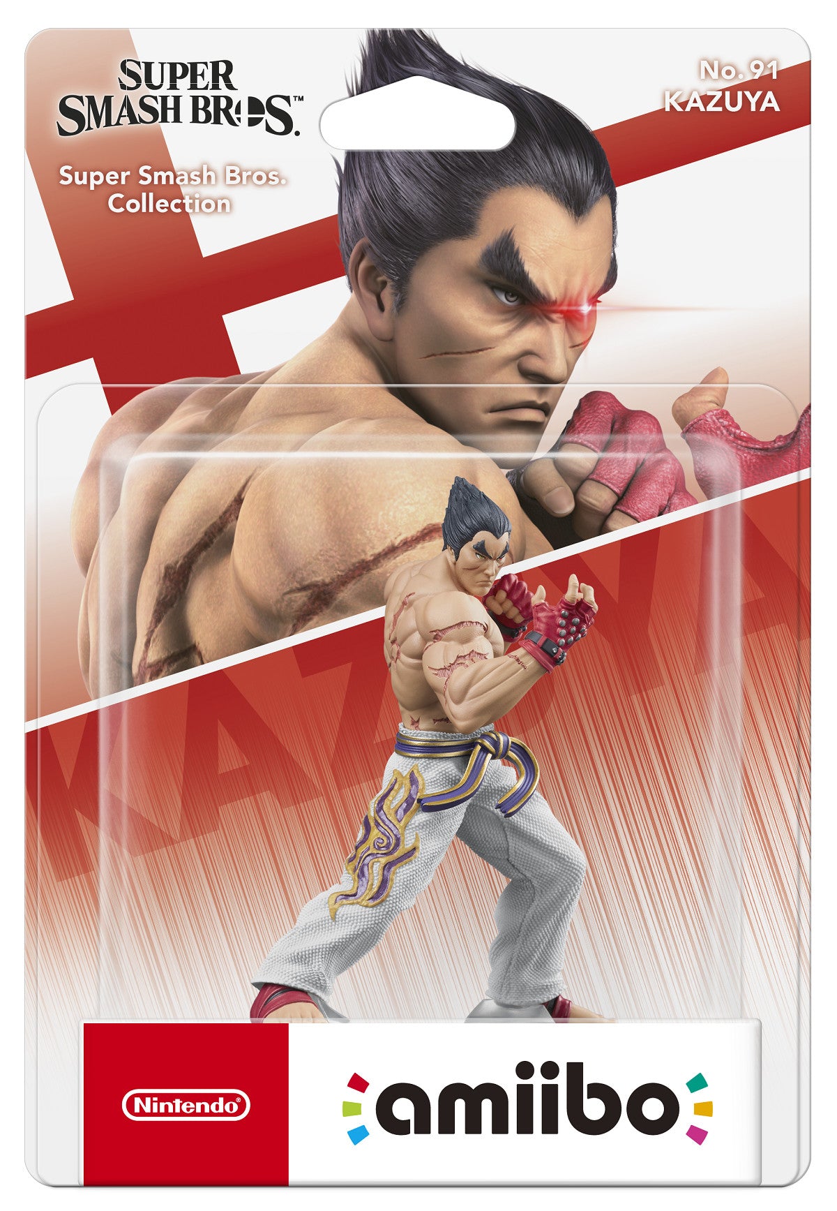 He&#39;s a muscular, scarred fighter with spiky hair and glowing red eyes