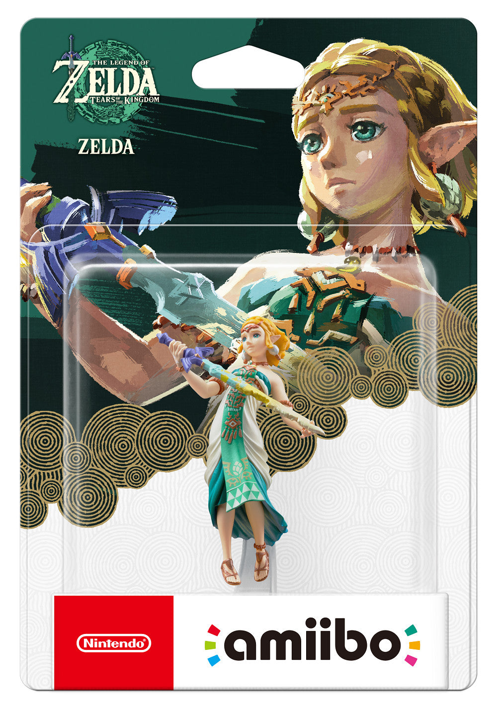 Zelda Tears of the Kingdom Amiibo figure wears a white and green dress, holding a staff, with large game art behind