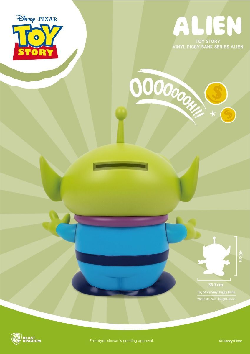Toy Story Alien Vinyl Piggy Bank in bright green and blue standing tall with arms out large coin slot on head size indicators show 367cm width and 40cm height