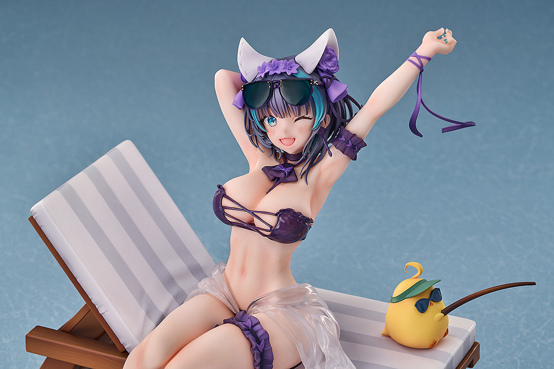Anime-style female figure with cat ears and sunglasses in a purple bikini, winking and relaxing on a striped beach chair