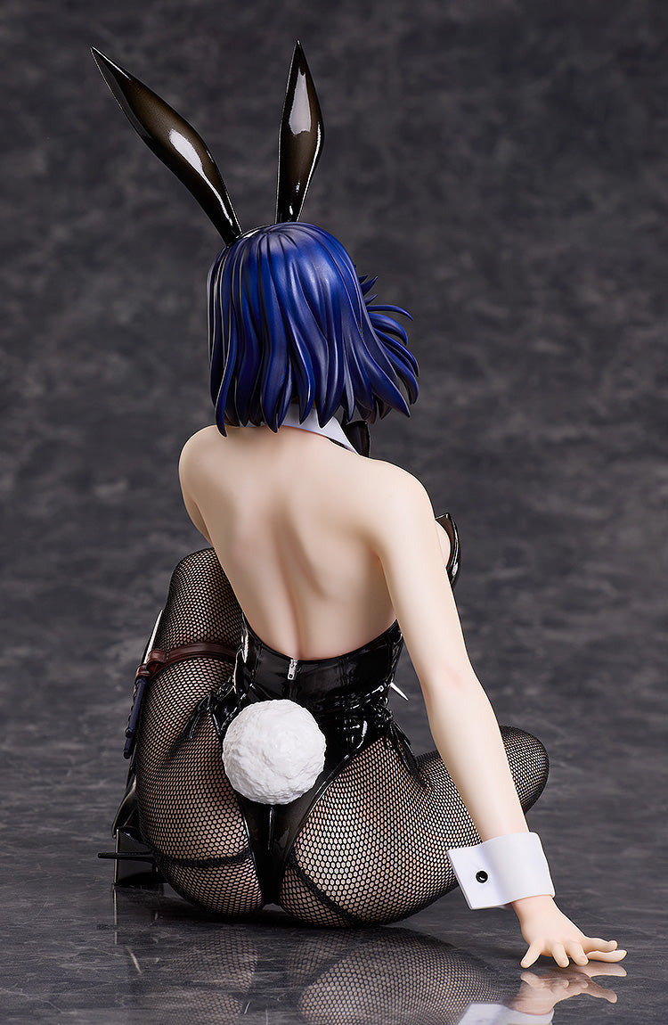 Anime figure from behind, in black bunny suit with fishnets, blue hair, white tail, and ears, looking back