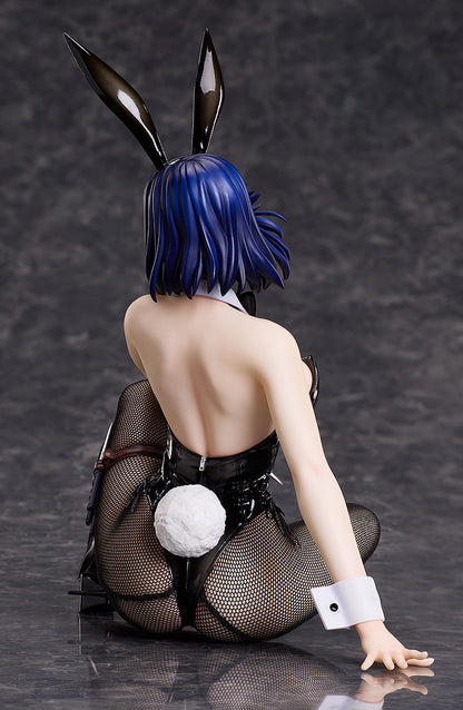 Anime figure from behind, in black bunny suit with fishnets, blue hair, white tail, and ears, looking back