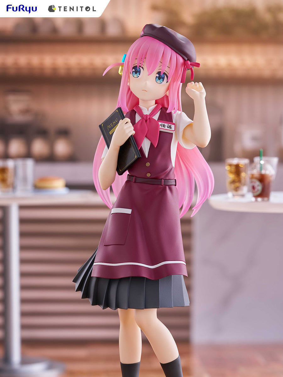 Pink-haired anime girl in maroon cafe uniform with beret holds a menu and raises a fist