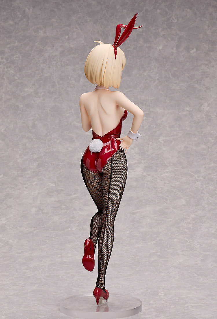 A Lycoris Recoil - Chisato Nishikigi Bunny Version 1/4 Scale Figure from the back, showing a blonde character in a red bunny suit with fishnet stockings and red heels