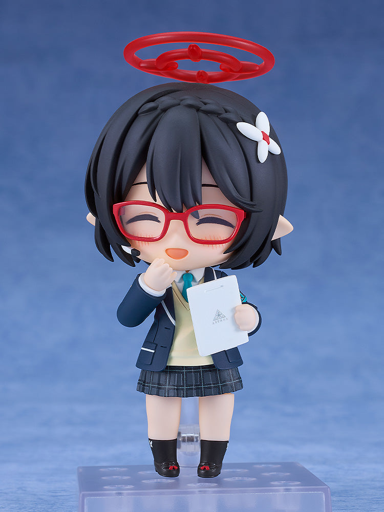 Thoughtful anime figure with black hair, elf ears, red glasses, red halo, and a school uniform, holding a document