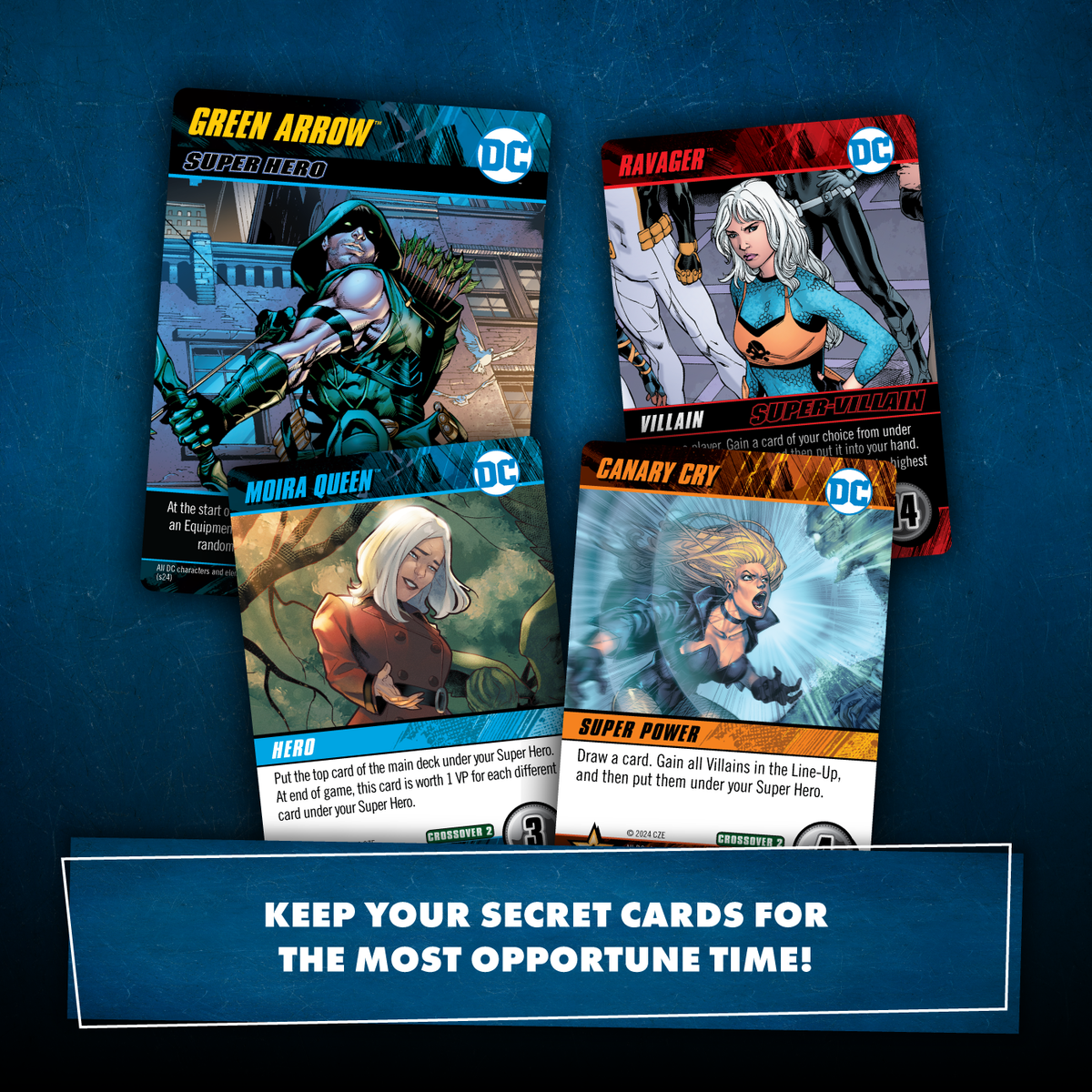 Four DC Comics game cards (Green Arrow, Ravager, Moira Queen, Canary Cry) on a blue surface, with strategic advice
