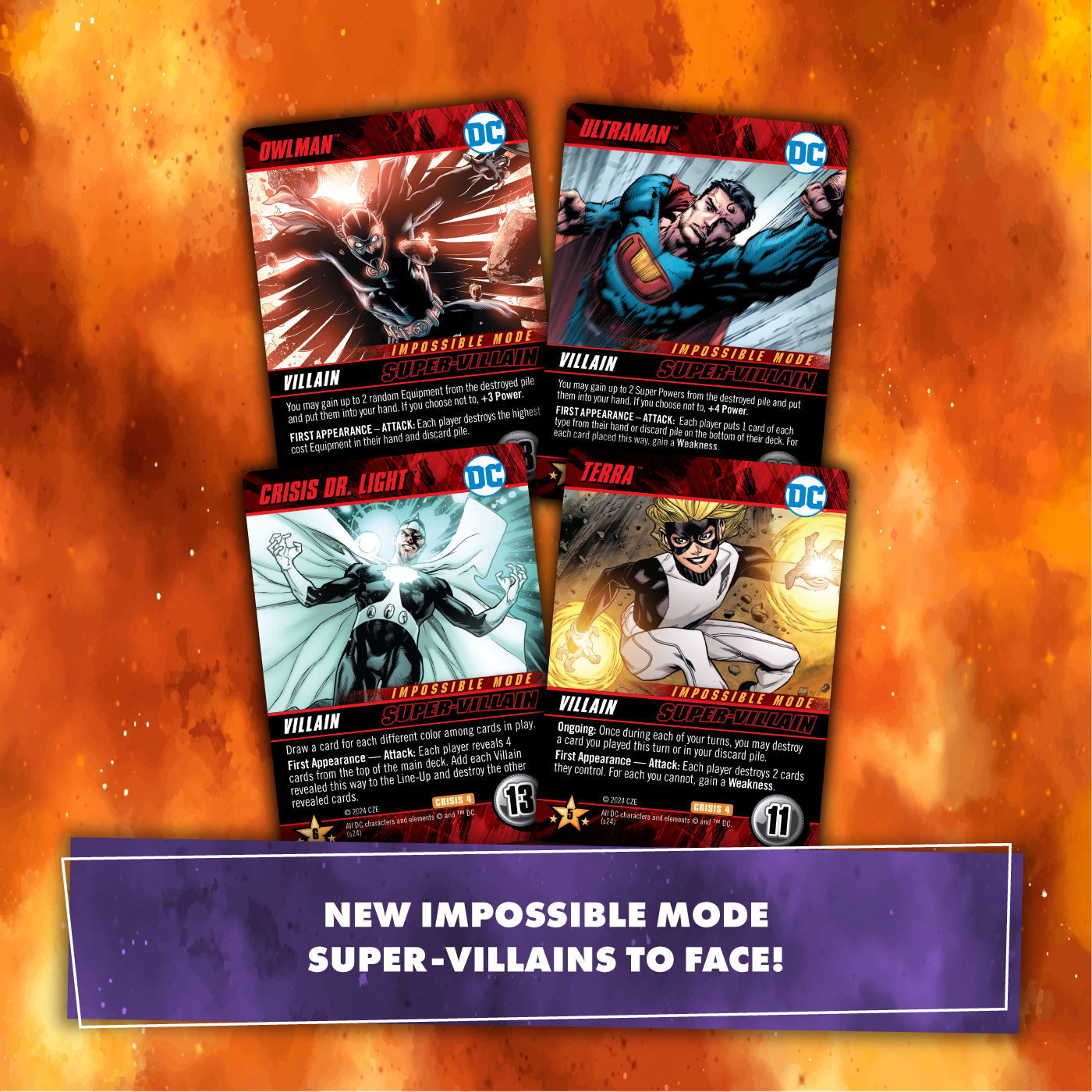 New "Impossible Mode Super-Villain" DC Comics game cards: Owlman, Ultraman, Dr. Light, and Terra