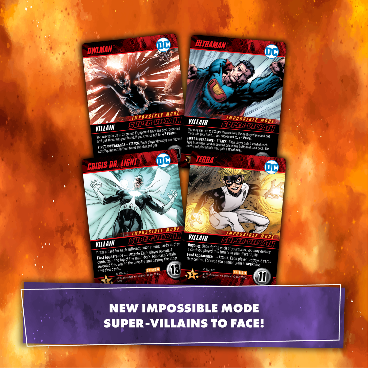 New &quot;Impossible Mode Super-Villain&quot; DC Comics game cards: Owlman, Ultraman, Dr. Light, and Terra