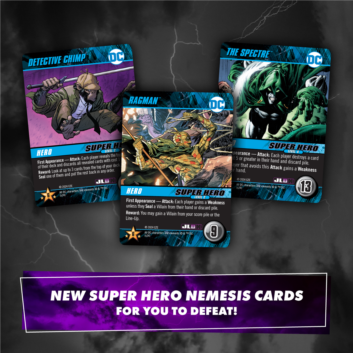 Three DC Comics game cards featuring Detective Chimp, Ragman, and The Spectre. A banner reads: NEW SUPER HERO NEMESIS CARDS FOR YOU TO DEFEAT!