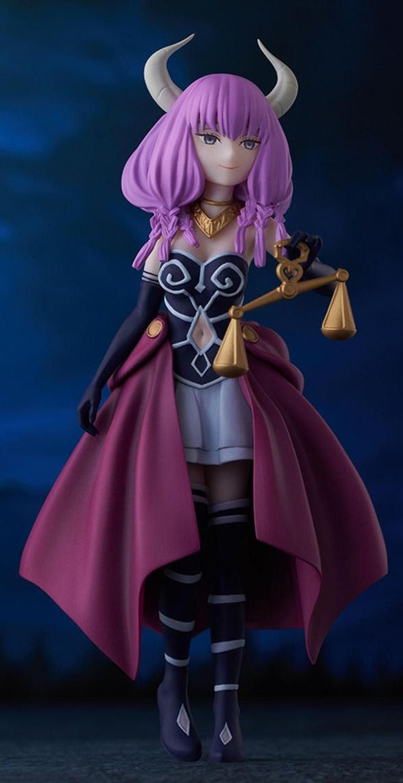 Purple-haired anime figure with bull horns and a gold scale in hand wearing a detailed black and purple dress and dark pink cape