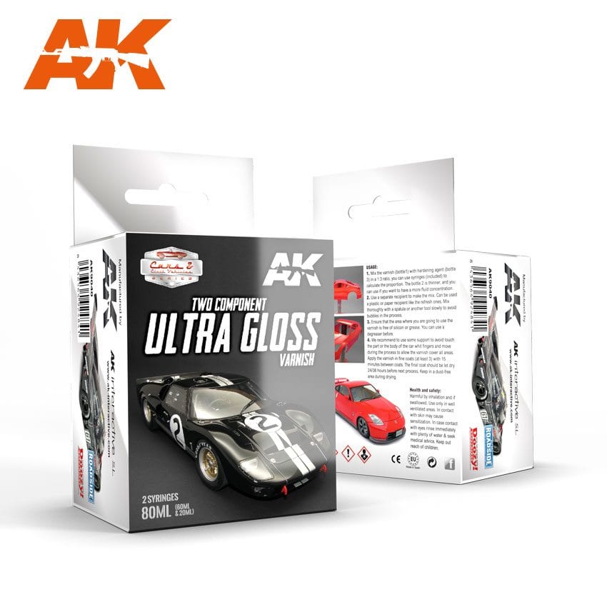 AK Two Component Ultra Gloss Varnish box, featuring a glossy black model race car