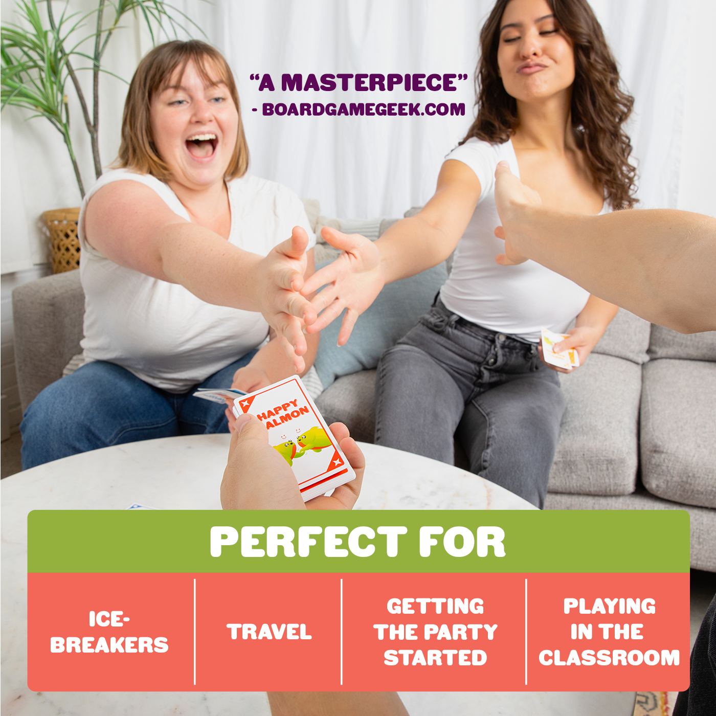 Group enjoying Happy Salmon Small Box in a fun, energetic moment