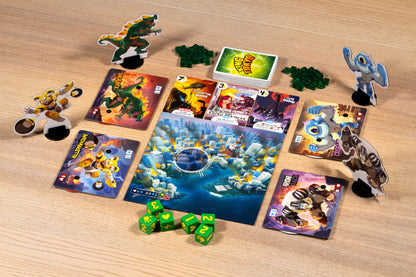 King of Tokyo board game on a wooden table: monster standees, character cards, city board, dice, and tokens.