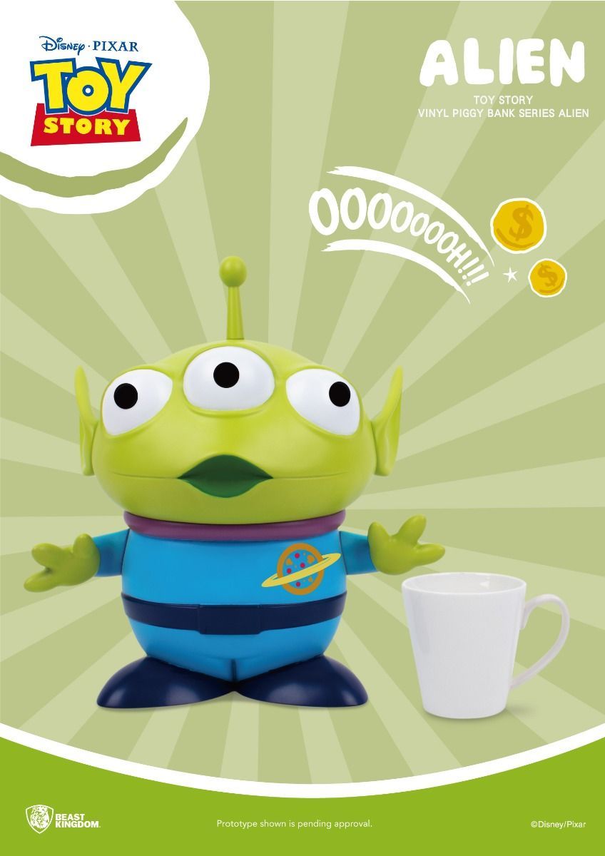 Toy Story Alien vinyl piggy bank with a coin slot on its back colored green and blue