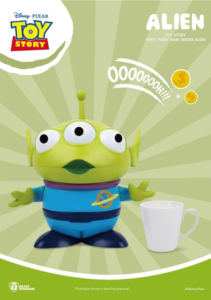 Toy Story Alien vinyl piggy bank with a coin slot on its back colored green and blue