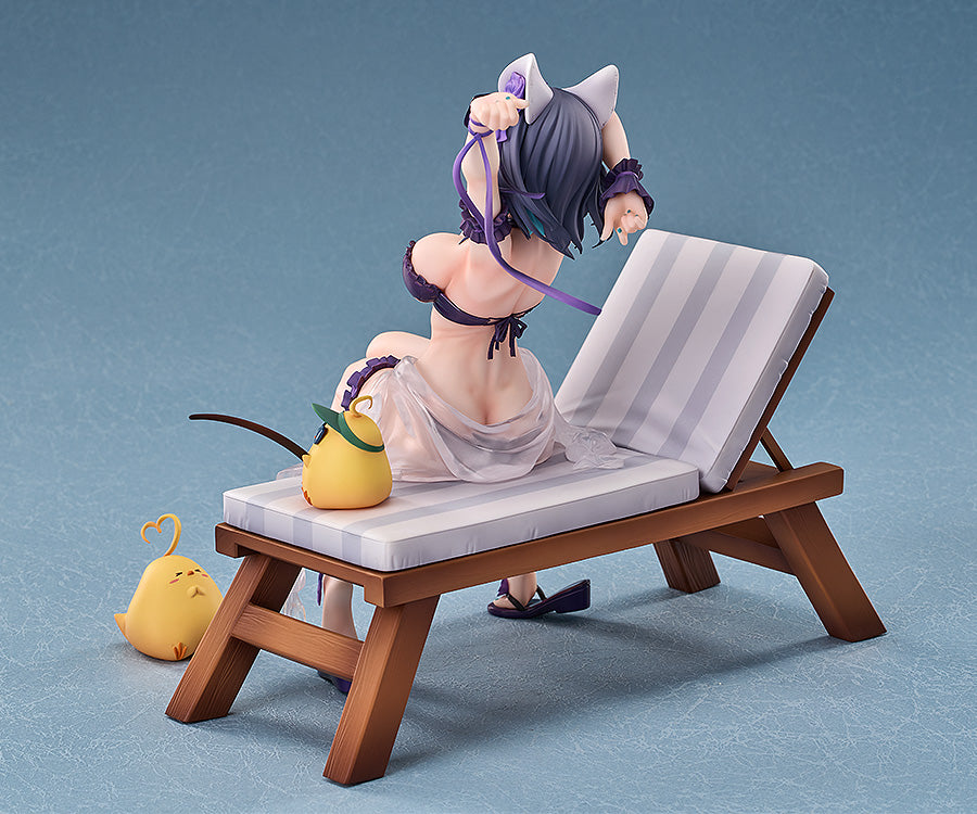 Cat-eared woman figurine in a purple bikini on a lounge chair, adjusting a strap