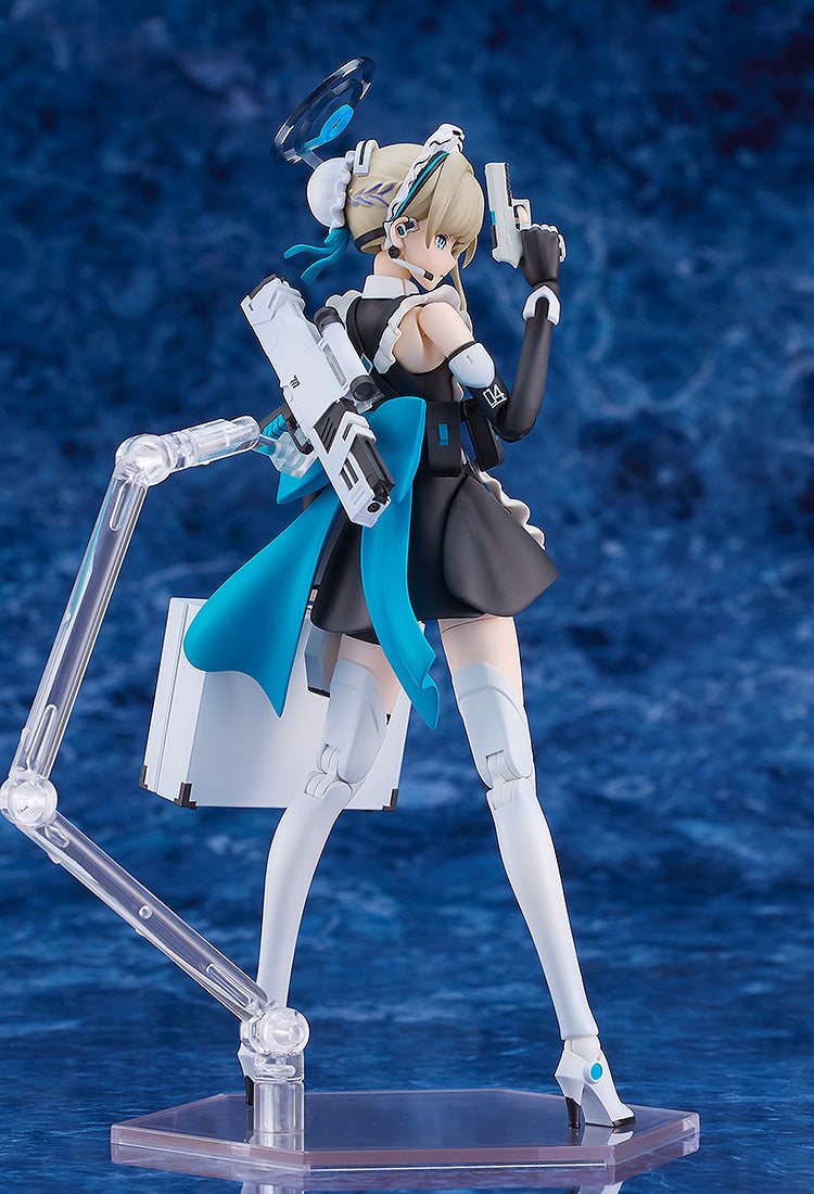 Blonde anime figure in a black maid outfit, blue accents, a halo, holding a pistol and a rifle on her hip