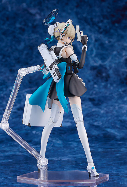 Blonde anime figure in a black maid outfit, blue accents, a halo, holding a pistol and a rifle on her hip
