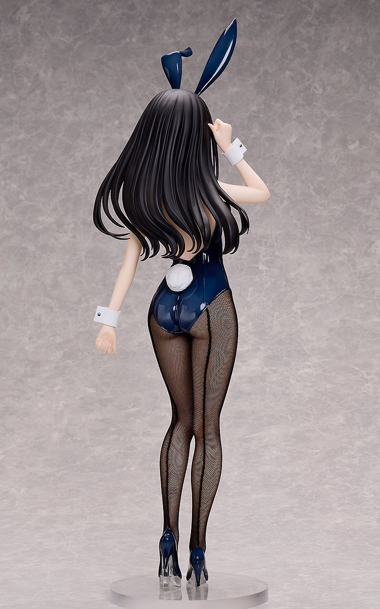 Rear view of the Lycoris Recoil Takina Inoue - Bunny Version 1/4 Scale Figure with long black hair, a blue bunny suit, fishnet stockings, and heels