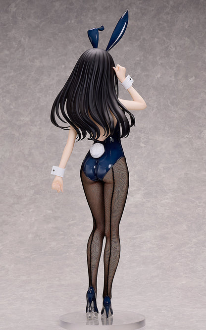 Rear view of the Lycoris Recoil Takina Inoue - Bunny Version 1/4 Scale Figure with long black hair, a blue bunny suit, fishnet stockings, and heels