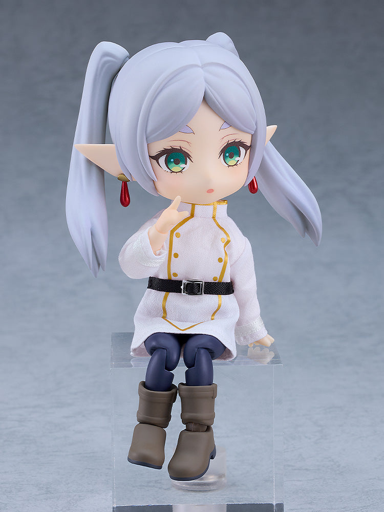 Nendoroid Doll Frieren figure from Frieren Beyond Journey's End featuring a white chef's coat with gold trim black belt blue pants and brown boots