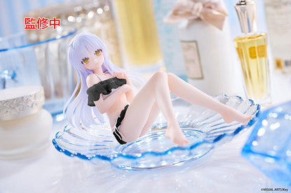 Lavender-haired anime figure in black bikini, reclining on a clear blue shell base