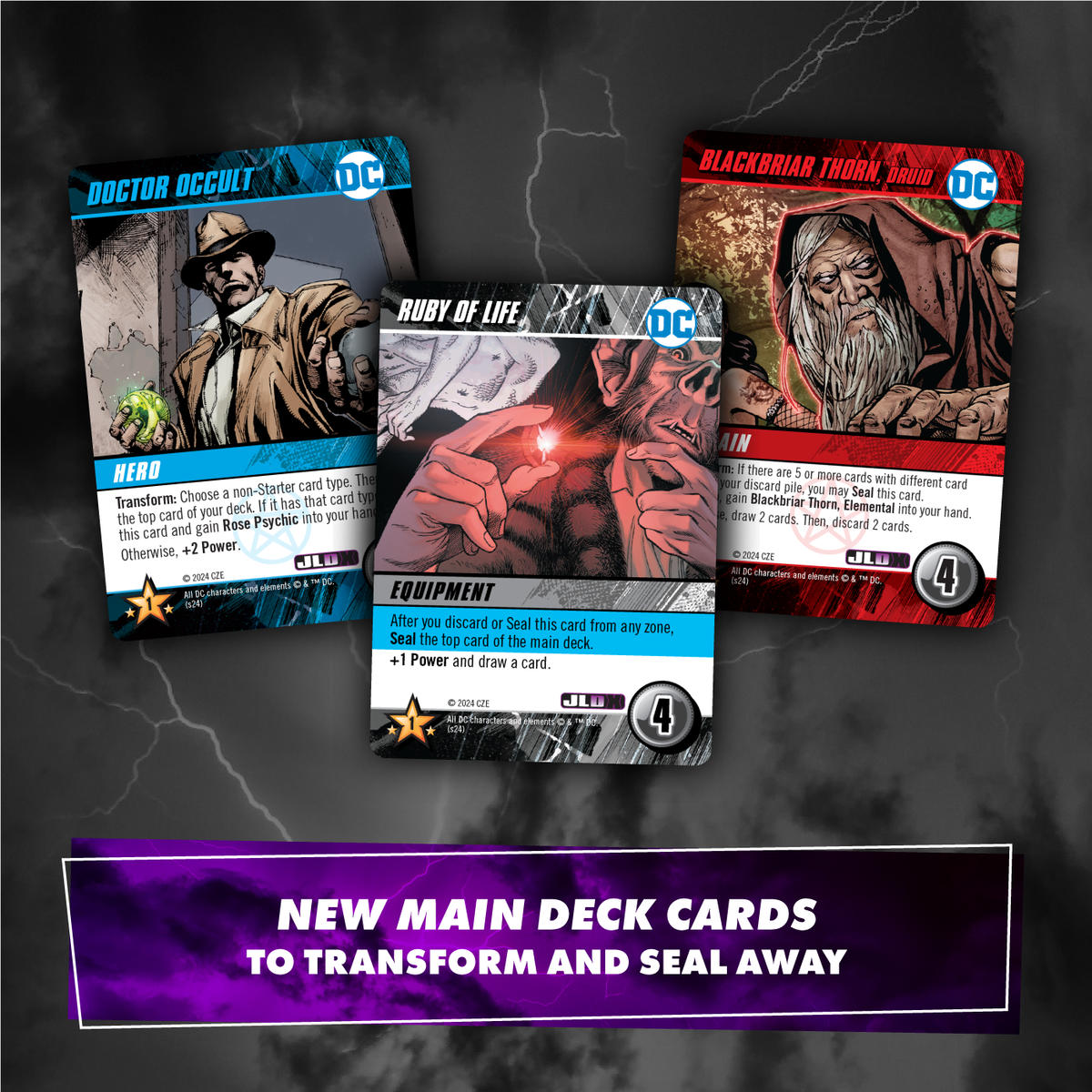 Three new DC Comics TCG cards: Doctor Occult, Ruby of Life, and Blackbriar Thorn, for transforming and sealing away