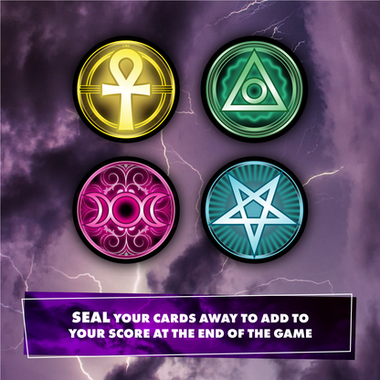 Four glowing mystical tokens on a stormy background. Text advises to seal cards for game score