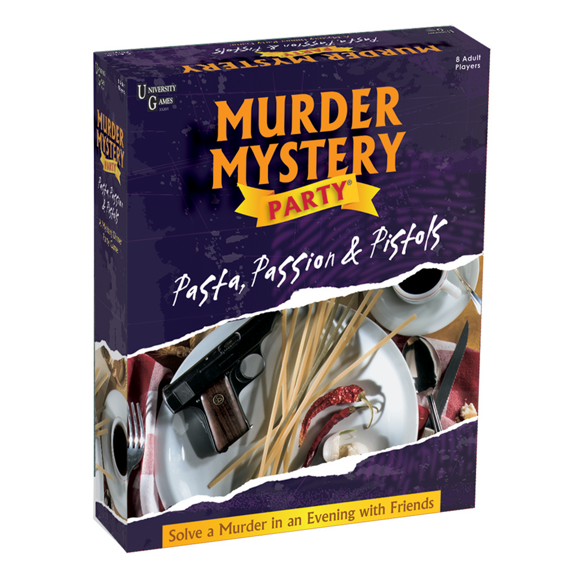 A box for the game Murder Mystery Party Pasta, Passion & Pistols featuring a pistol, dry pasta, and chili peppers on a plate