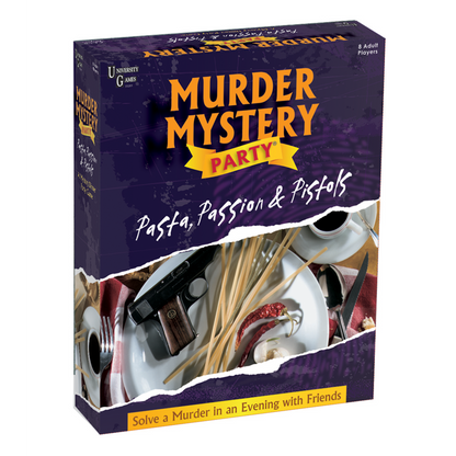 A box for the game Murder Mystery Party Pasta, Passion & Pistols featuring a pistol, dry pasta, and chili peppers on a plate