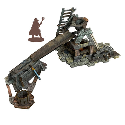 A detailed fantasy tabletop model of a complex forge, with a glowing furnace, long metal chute, anvil, and bucket